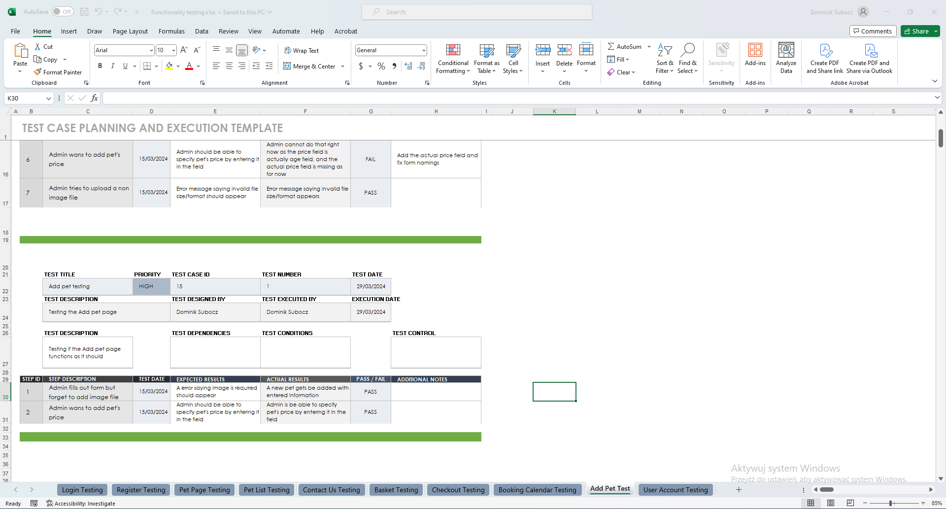 Screenshot of functionality testing excel file