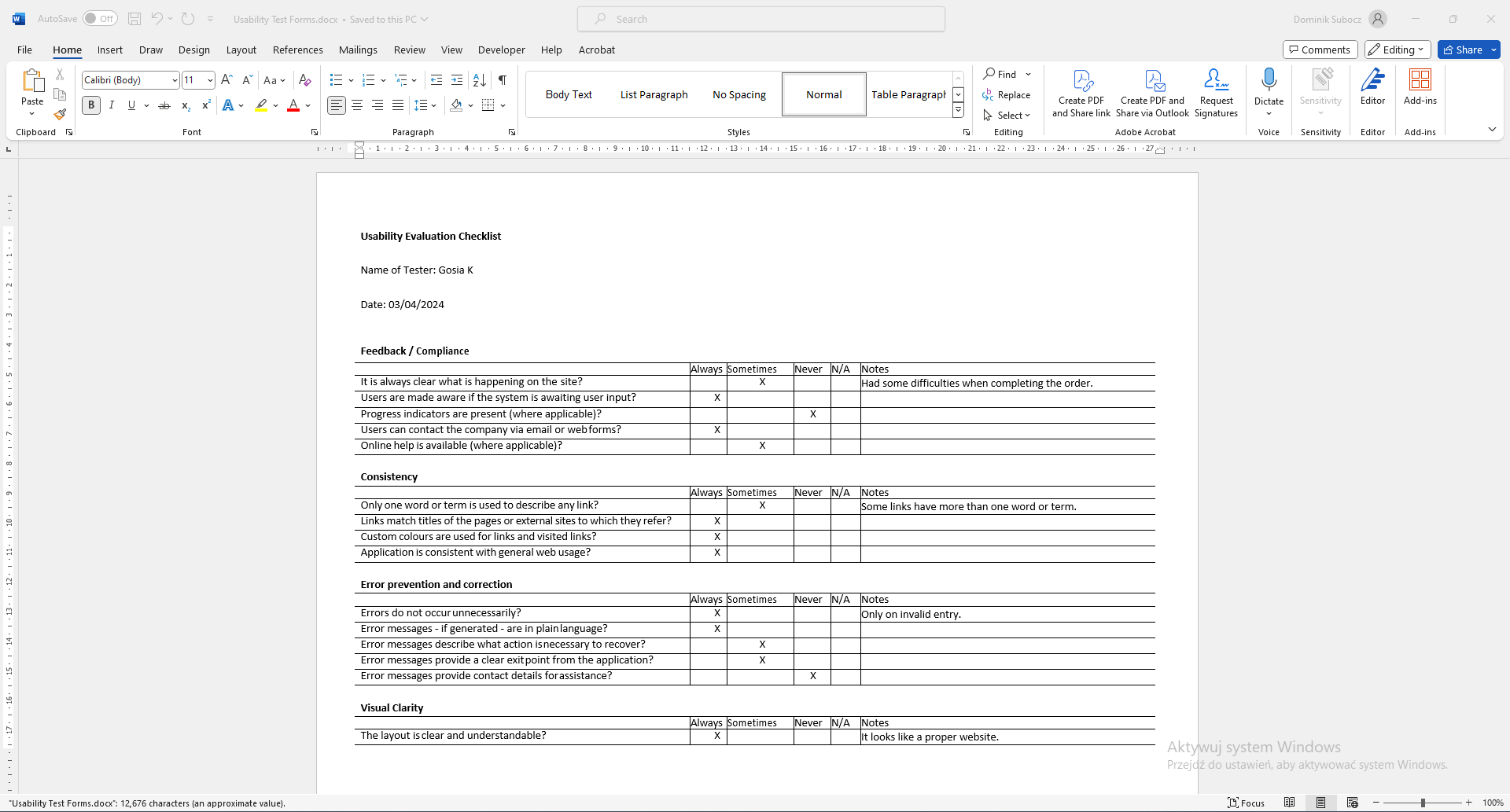 Screenshot of usability testing excel file